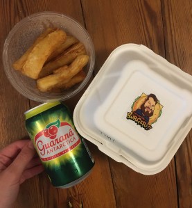 Fernando's burger in a box, cassava fries and can of Guarana Antartica drink
