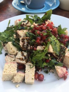 Close up of rocket and tofu salad with a balsamic drizzle and pomegranate seeds on top.