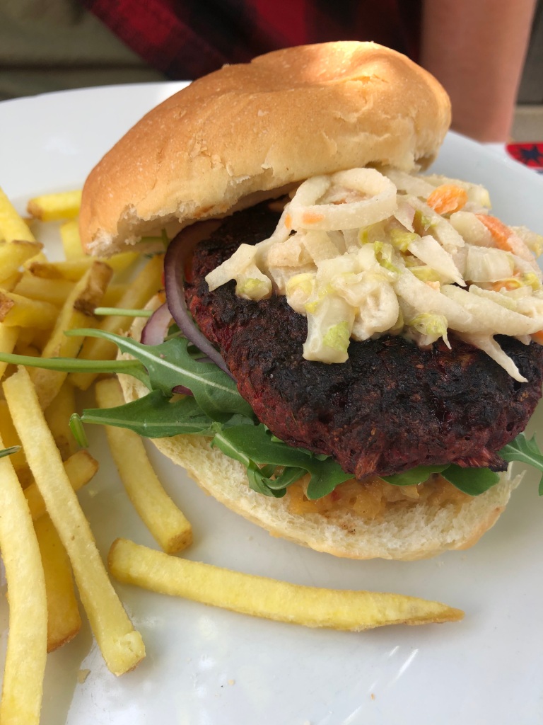 Vegan beetroot burger topped with apple slaw from the Punter pub in Oxford