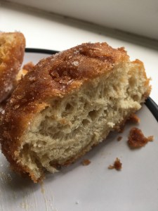 half of a cinnamon sugared doughnut with inside dough on show