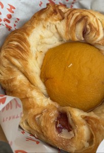 danish pastry crown with orange half-apricot centre